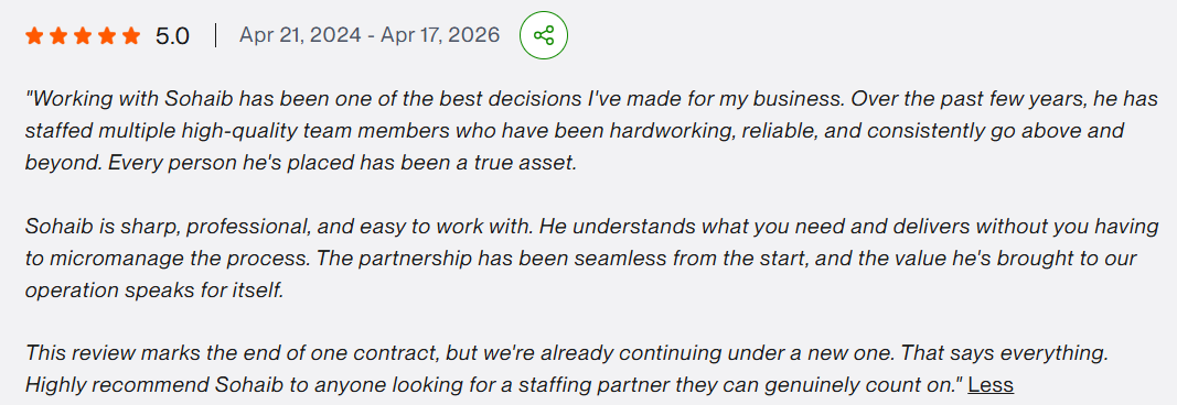 5.0-star Upwork review: staffing partnership, Apr 2024 – Apr 2026