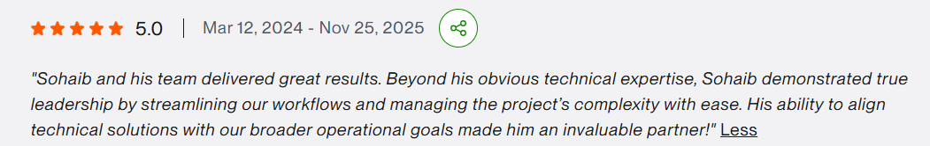 5.0-star Upwork review: technical leadership, Mar 2024 – Nov 2025