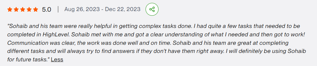 5.0-star Upwork review: complex HighLevel tasks, Aug 2023 – Dec 2023